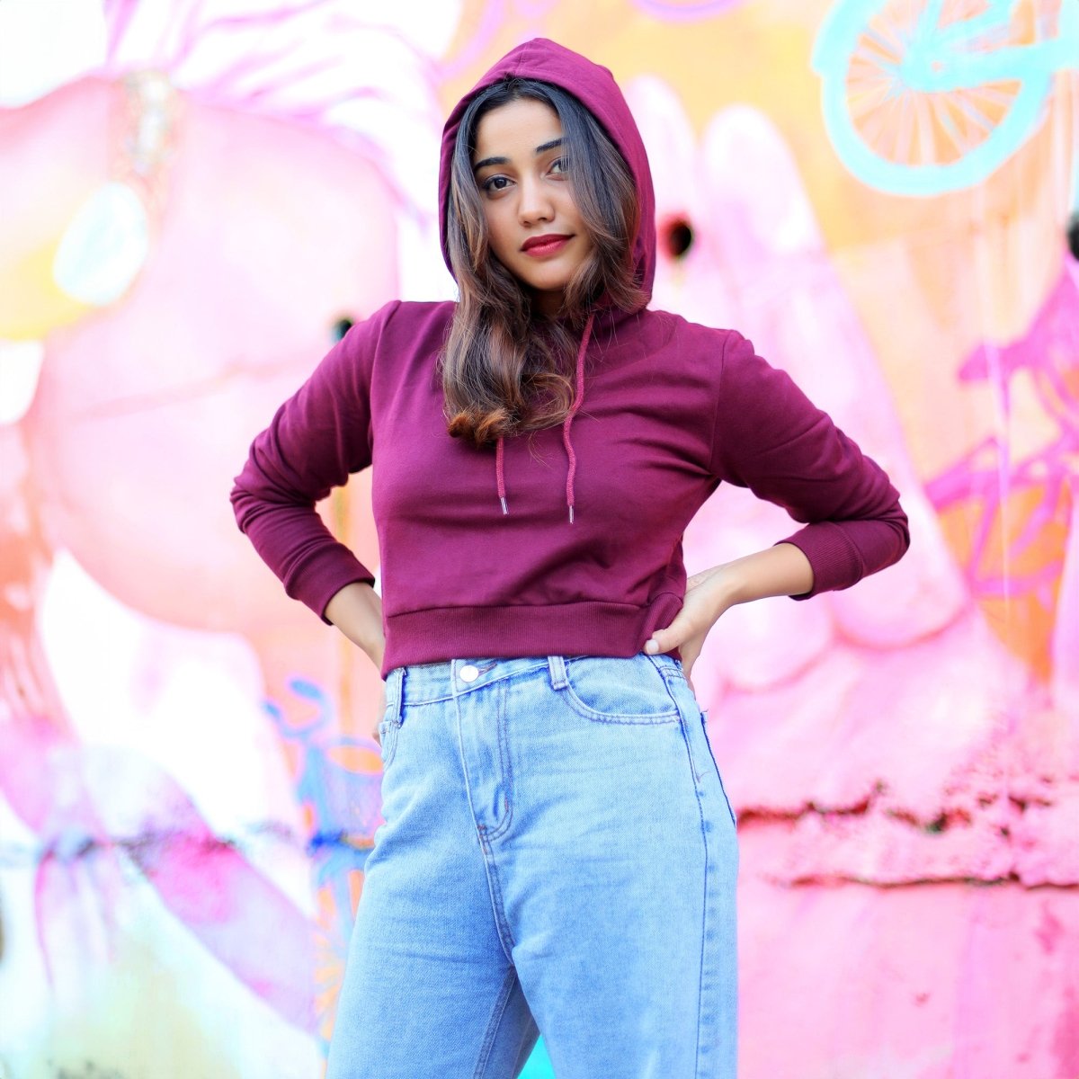 Burgundy Crop Hoodie Regular Fit Plain Mydesignation