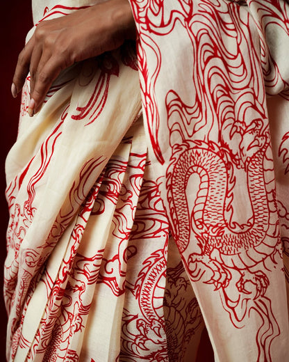 Cotton Pre Draped Dragon Red Print Saree. Mydesignation