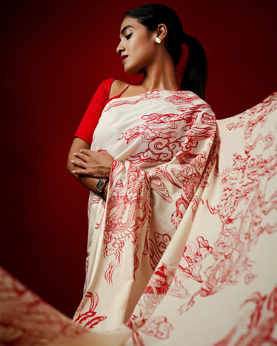 Cotton Pre Draped Dragon Red Print Saree. Mydesignation