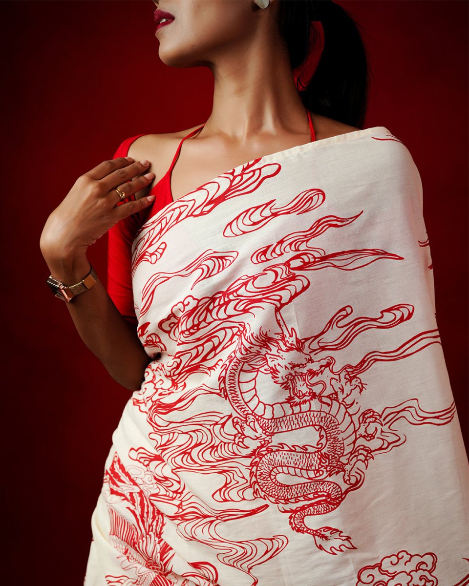 Cotton Pre Draped Dragon Red Print Saree. Mydesignation