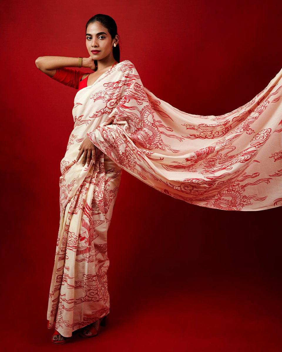 Cotton Pre Draped Dragon Red Print Saree. Mydesignation