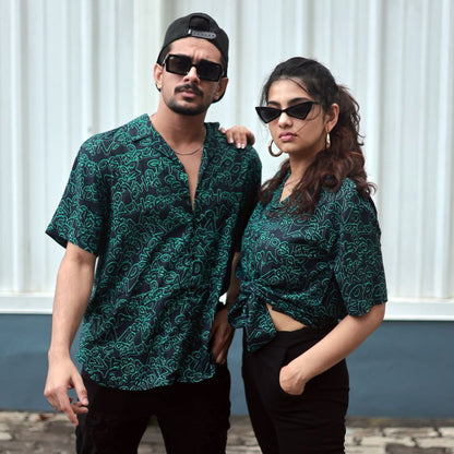 Black and Neon Green Graffiti Couple Shirts - Combo Pack of 2