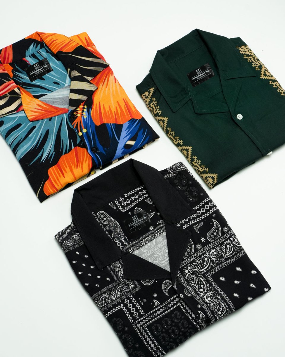 Hawaiian - green panel - paisley Shirt Combo (Pack of 3) - Mydesignation